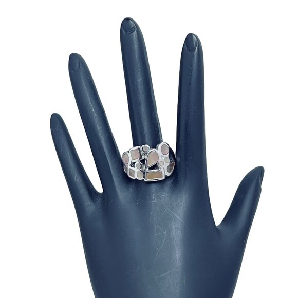 Silver Tone With Inlaid Abalone Shell Statement Ring Signed Thailand (R370) - Picture 2 of 7